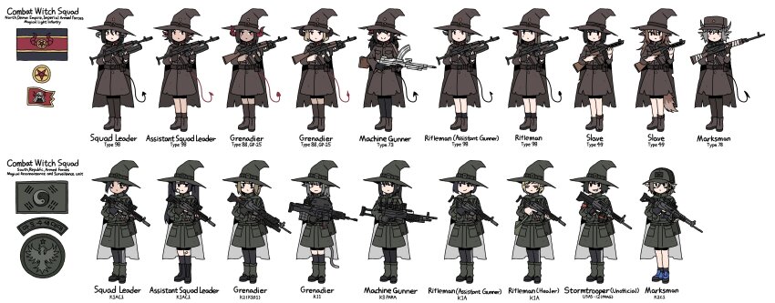 6+girls absurdres assault_rifle black_gloves black_hair black_pantyhose black_socks black_thighhighs bolt_action boots brown_boots brown_hat brown_jacket bullpup closed_mouth commentary daewoo_k1 daewoo_k11 daewoo_k2 daewoo_k3 dark-skinned_female dark_skin demon_girl demon_horns demon_tail english_commentary english_text facial_mark fingerless_gloves flag flat_cap gloves grenade_launcher grey_hair grey_hat grey_jacket gun hair_between_eyes hat highres holding holding_gun holding_weapon horns jacket karepack korean_text light_machine_gun m203 machine_gun multiple_girls north_korean_flag orb original pantyhose pentagram pointy_ears ppsh-41 red_eyes rifle shotgun simple_background sniper_rifle socks south_korean_flag star_(symbol) submachine_gun tail thighhighs torn_clothes torn_jacket translation_request trigger_discipline type_73_(light_machine_gun) type_78_sniper_rifle type_88_(assault_rifle) type_98_(assault_rifle) underbarrel_grenade_launcher usas-12 weapon whisker_markings white_background witch_hat yin_yang yin_yang_orb