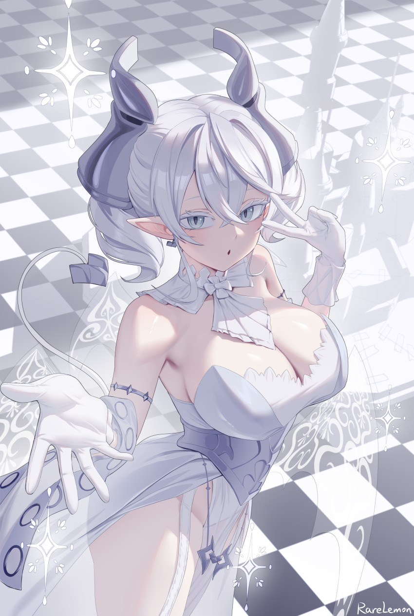 1girl absurdres armlet bare_shoulders breasts cleavage corset demon_girl demon_horns demon_tail demon_wings dress drill_hair duel_monster earrings garter_straps gloves grey_corset grey_eyes grey_hair groin hair_between_eyes highres horns jewelry large_breasts looking_at_viewer lovely_labrynth_of_the_silver_castle open_mouth pointy_ears rare_lemon reaching reaching_towards_viewer short_hair solo tail tile_floor tiles transparent_wings twin_drills v white_dress white_gloves wings yu-gi-oh!