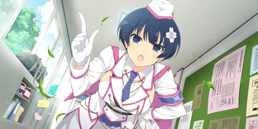 1girl :o armband bag belt belt_buckle binder black_belt blue_armband blue_eyes blue_hair blue_necktie blunt_bangs blush bowl_cut breast_cutout breasts buckle bulletin_board capelet carton ceiling ceiling_light dixie_cup_hat falling_leaves flower flyer game_cg gloves hair_flower hair_ornament hand_on_own_hip hat highres indoors large_breasts leaf leaning_forward locker long_sleeves looking_at_viewer military_hat military_uniform necktie non-web_source official_alternate_costume official_art open_locker open_mouth open_window pink_capelet pink_trim poster_(object) senran_kagura senran_kagura_new_link senran_kagura_shinovi_versus shirt short_hair solo translation_request tree two-tone_capelet two-tone_shirt white_capelet white_gloves white_shirt window yaegashi_nan yozakura_(senran_kagura)