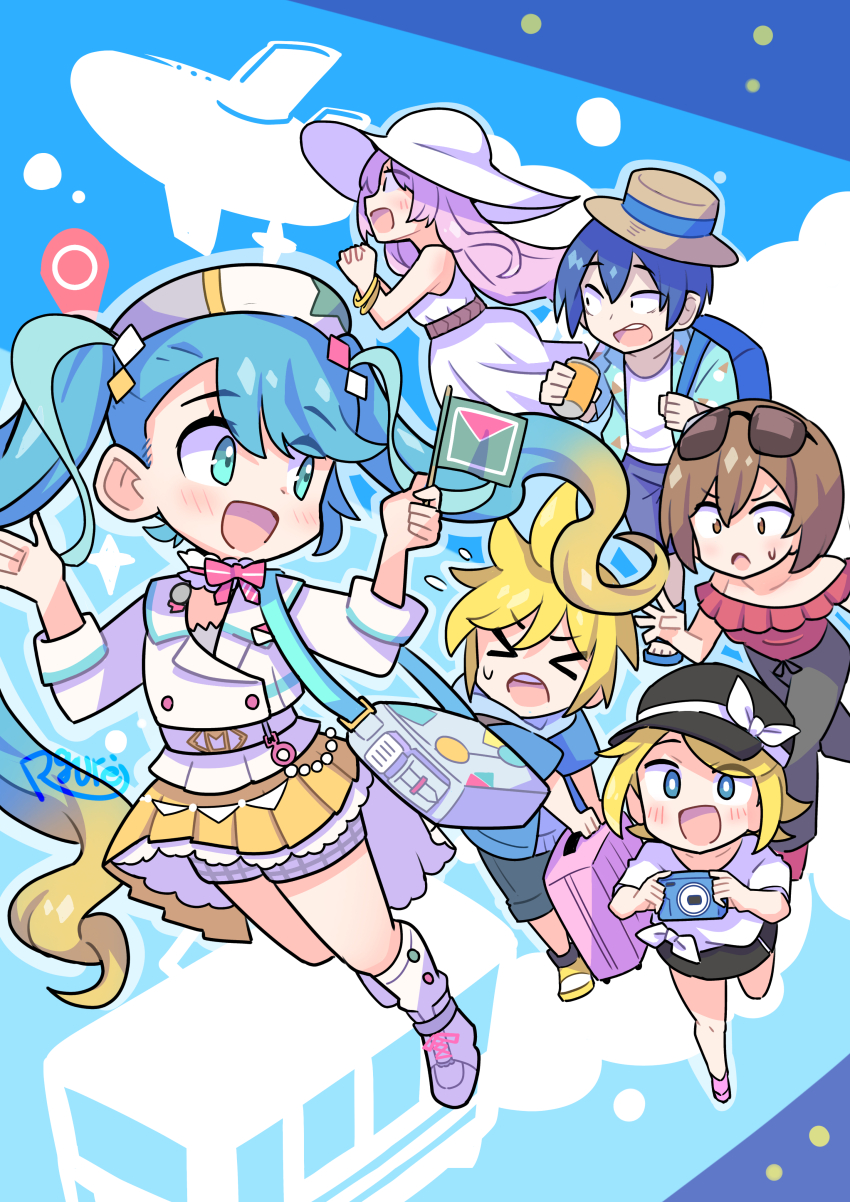 &gt;_&lt; 2boys 4girls absurdres bare_shoulders blonde_hair blue_eyes blue_hair brown_hair camera can digital_camera flag flying_sweatdrops hat hatsune_miku hawaiian_shirt highres holding holding_camera holding_can holding_flag kagamine_len kagamine_rin kaito_(vocaloid) magical_mirai_(vocaloid) magical_mirai_miku magical_mirai_miku_(2024) megurine_luka meiko_(vocaloid) multiple_boys multiple_girls open_mouth own_hands_together pink_hair rgurei0529 sandals shirt sky socks suitcase sweatdrop twintails vacation vocaloid white_hat white_shirt white_socks yellow_sky