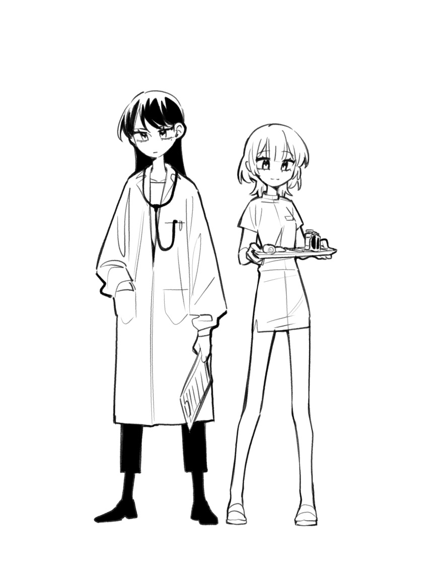 2girls absurdres bang_dream! bang_dream!_it&#039;s_mygo!!!!! breasts commentary doctor full_body greyscale hand_in_pocket highres holding holding_tray kaname_raana long_hair long_sleeves monochrome multiple_girls neonfloyd nurse shiina_taki short_hair short_sleeves simple_background small_breasts standing stethoscope tray white_background