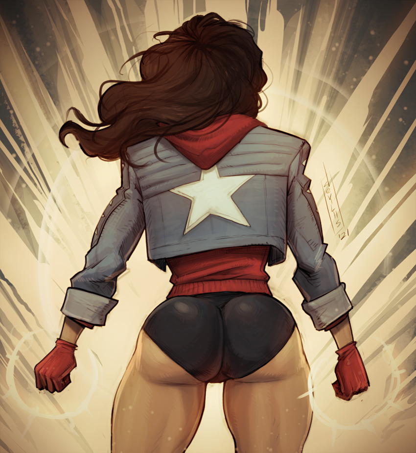 1girl 2021 absurdres america_chavez ass back black_shorts blue_jacket brown_hair clenched_hand dark-skinned_female dark_skin devil_hs devilhs female female_focus fingerless_gloves from_behind gloves highres huge_ass jacket latina light long_hair long_sleeves marvel red_fingerless_gloves red_gloves shorts solo solo_focus star_(symbol) star_print thick_thighs thighs tight_clothes wide_hips