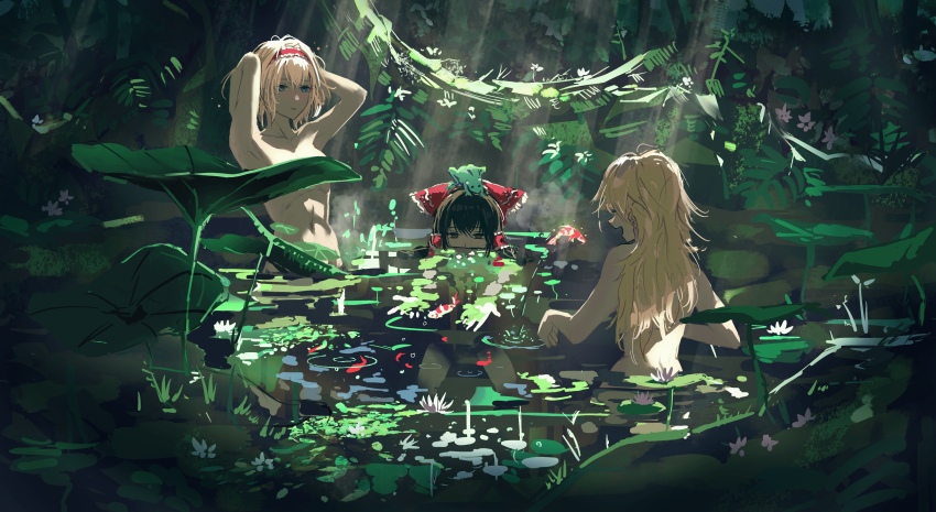 3girls absurdres alice_margatroid blonde_hair blue_eyes brown_hair convenient_censoring flower frog hairband hakurei_reimu highres kirisame_marisa lily_pad long_hair lotus lotus_leaf multiple_girls nature outdoors plant pond reflection reflective_water ripples scenery touhou tree water water_lily_flower yautja