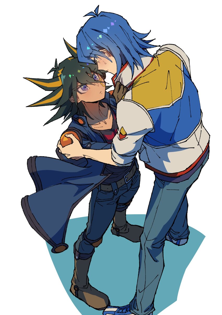 2boys absurdres black_hair black_shirt blonde_hair blue_coat blue_hair boots brown_boots bruno_(yu-gi-oh!) coat facial_mark fudo_yusei full_body highres jacket male_focus medium_hair multicolored_hair multiple_boys purple_eyes shirt simple_background spiked_hair standing two-tone_hair white_background white_jacket youko-shima yu-gi-oh! yu-gi-oh!_5d&#039;s