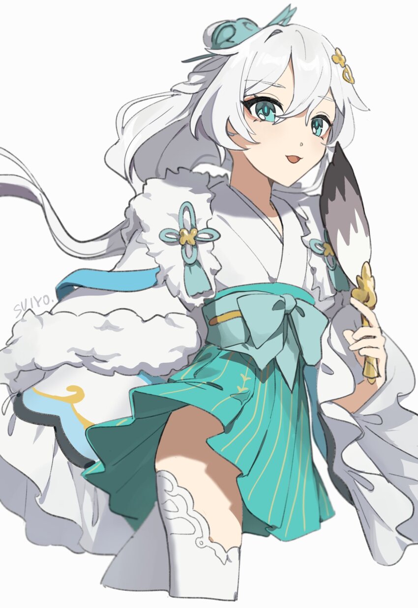 1girl aqua_eyes chinese_clothes chinese_commentary commentary_request cropped_legs hair_between_eyes hair_ornament hand_fan highres holding holding_fan honkai_(series) honkai_impact_3rd long_hair long_sleeves looking_at_viewer open_mouth simple_background smile solo theresa_apocalypse thighhighs uehara_suiyo white_background white_hair white_thighhighs zhuge_kongming_(honkai_impact)