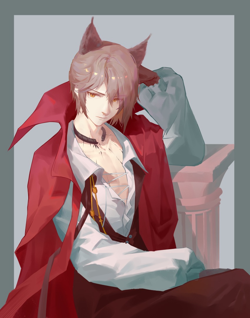 1boy absurdres animal_ears arknights arm_behind_head arm_up black_gloves black_pants black_vest brown_hair cape cat_boy cat_ears closed_mouth collared_shirt expressionless gloves highres hokago-tt infection_monitor_(arknights) long_sleeves looking_at_viewer male_focus material_growth no_headwear official_alternate_costume oripathy_lesion_(arknights) pants partially_unbuttoned phantom_(arknights) phantom_(focus)_(arknights) red_cape shirt short_hair slit_pupils solo upper_body vest white_shirt yellow_eyes