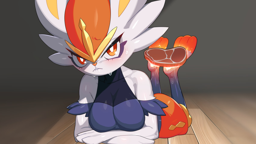 1girl absurdres animal_feet animal_nose bare_shoulders barefoot blue_fur blue_shirt blurry blurry_background blush body_fur breasts bright_pupils cinderace cooking crossed_arms drunkoak feet feet_up female_focus food full_body furry furry_female gen_8_pokemon glowing highres indoors large_breasts looking_at_viewer lying multicolored_fur mundane_utility nintendo off-shoulder_shirt off_shoulder on_floor on_stomach pokemon pokemon_(creature) rabbit_ears rabbit_girl red_eyes red_fur red_hair shirt short_hair solo steak sweat teeth the_pose white_fur white_pupils wooden_floor yellow_fur