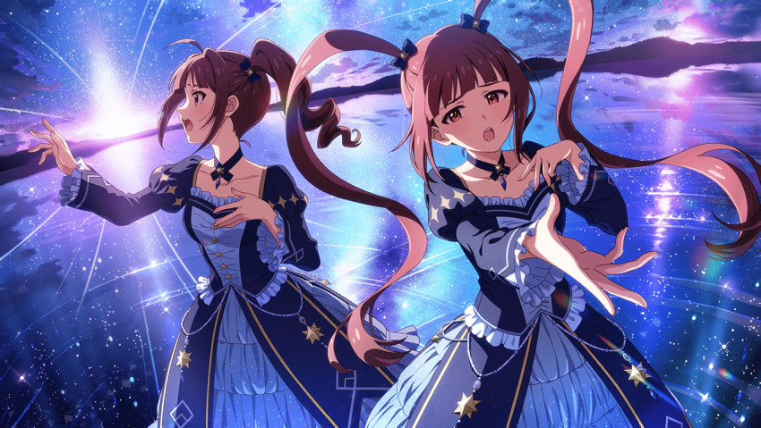 2girls ahoge bow brown_hair buttons cloud dress frills game_cg hair_bow idolmaster idolmaster_million_live! idolmaster_million_live!_theater_days juliet_sleeves long_sleeves matsuda_arisa mountainous_horizon multiple_girls official_art open_mouth profile puffy_sleeves purple_eyes red_eyes red_hair reflection reflective_water ripples side_ponytail sky star_(sky) starry_sky twintails yokoyama_nao