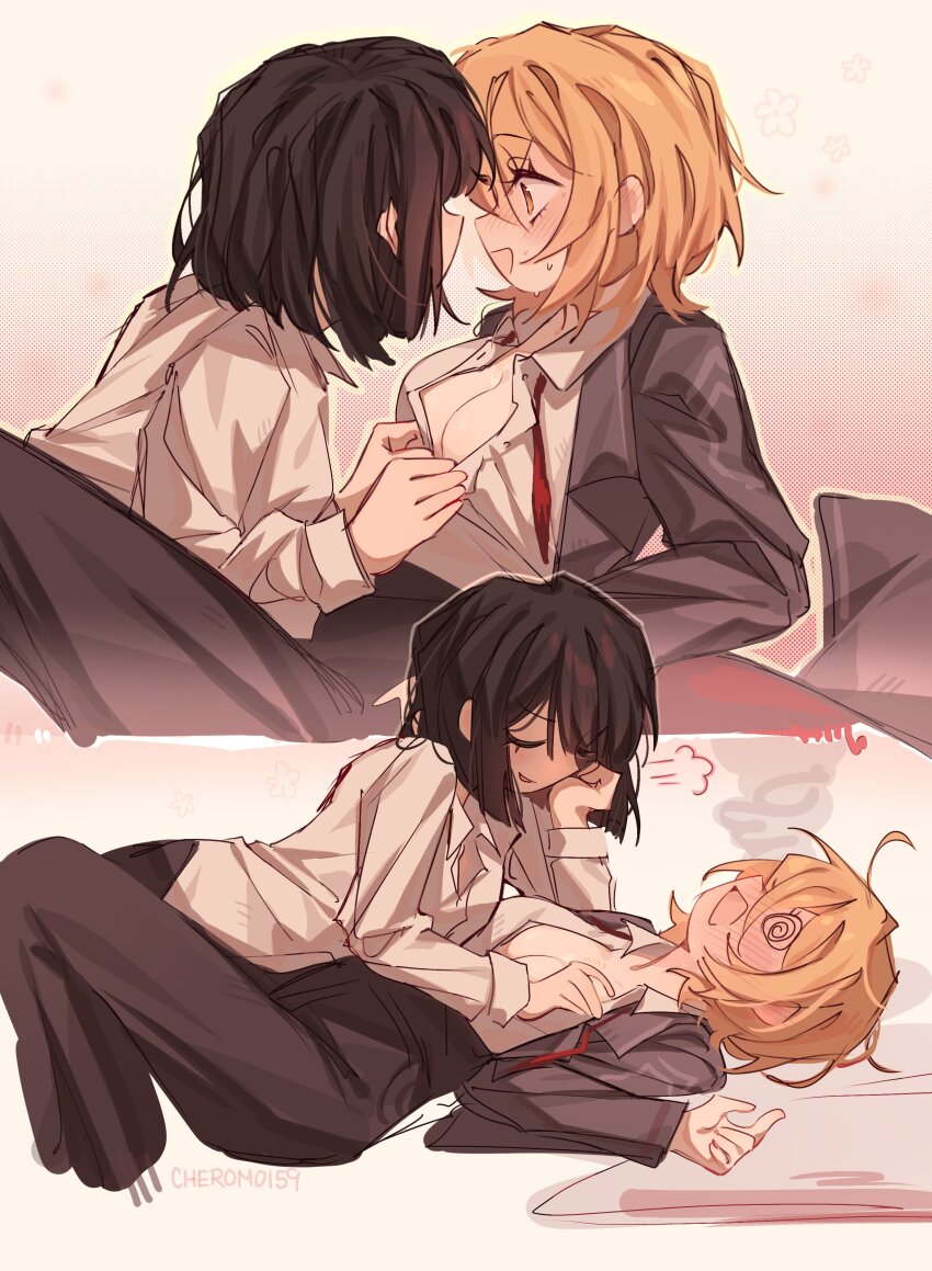 2girls @_@ absurdres arm_up between_legs black_hair black_pants blonde_hair blush borderless_panels breasts cheromo159 coat collared_shirt don_quixote_(project_moon) dress_shirt grey_coat grin groping highres knees_up limbus_company lying lying_on_another medium_breasts multiple_girls on_back on_stomach pants project_moon puff_of_air reclining ryoshu_(project_moon) shirt short_hair smile unbuttoning undressing_another white_shirt yuri
