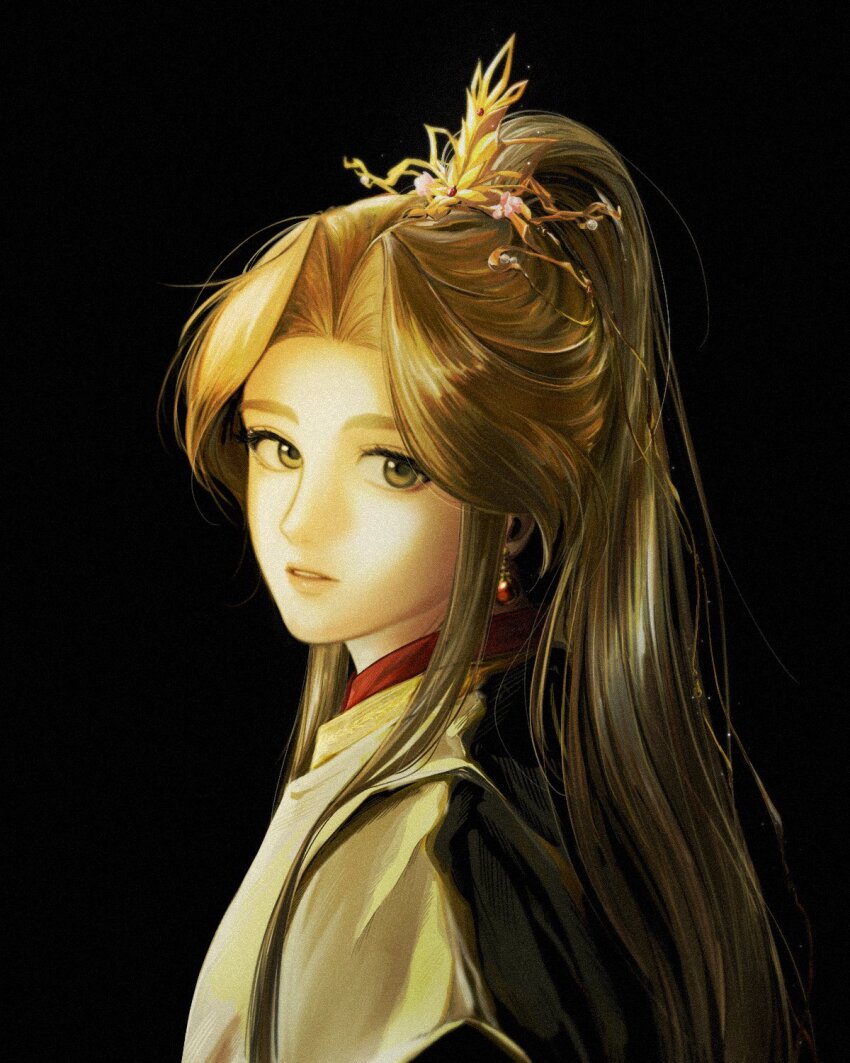 1000lang15 1boy androgynous arms_at_sides bishounen black_background brown_hair chinese_clothes close-up commentary_request curtained_hair earrings expressionless eyelashes faux_traditional_media fine_art_parody flower gem gem_hair_ornament girl_with_a_pearl_earring hair_flower hair_ornament hanfu high_ponytail highres jewelry korean_commentary light_particles lips long_eyelashes long_hair long_sidelocks looking_at_viewer looking_to_the_side male_focus parody parted_bangs parted_lips pearl_(gemstone) pearl_earrings pearl_hair_ornament pink_flower ponytail puffy_sleeves red_gemstone red_hanfu sidelighting sidelocks simple_background straight_hair tareme thick_eyebrows thick_eyelashes tianguan_cifu turning_head upper_body very_long_hair white_hanfu wispy_bangs xiao_guan_(headdress) xie_lian xie_lian_(flower_crowned_martial_god) yellow_eyes yellow_hanfu