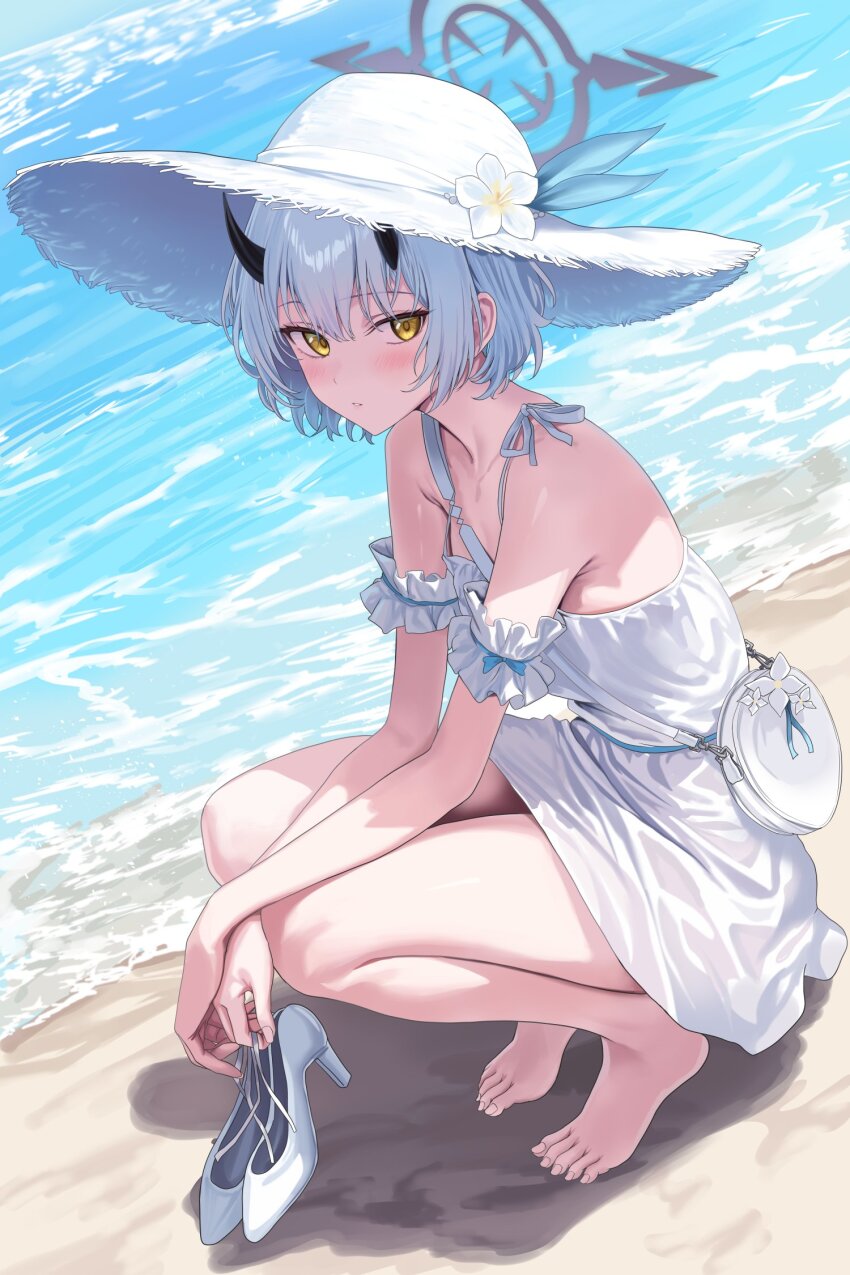1girl armband barefoot beach black_horns blue_archive blush commentary_request crossed_wrists demon_horns dress flower frilled_armband frills grey_halo halo hat hat_flower hidis0086 high_heels highres horns looking_at_viewer ocean official_alternate_costume outdoors sena_(blue_archive) sena_(casual)_(blue_archive) short_hair sleeveless sleeveless_dress solo squatting sun_hat sundress thighs toes water white_armband white_bag white_dress white_flower white_hair white_hat yellow_eyes