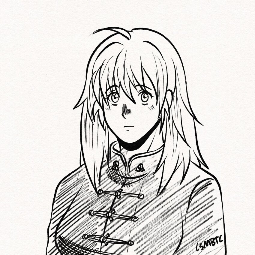 1girl ahoge chinese_clothes closed_mouth commentary csmbtc dorohedoro english_commentary eyelashes greyscale hair_between_eyes highres inktober long_hair long_sleeves monochrome nikaidou_(dorohedoro) simple_background solo tangzhuang upper_body