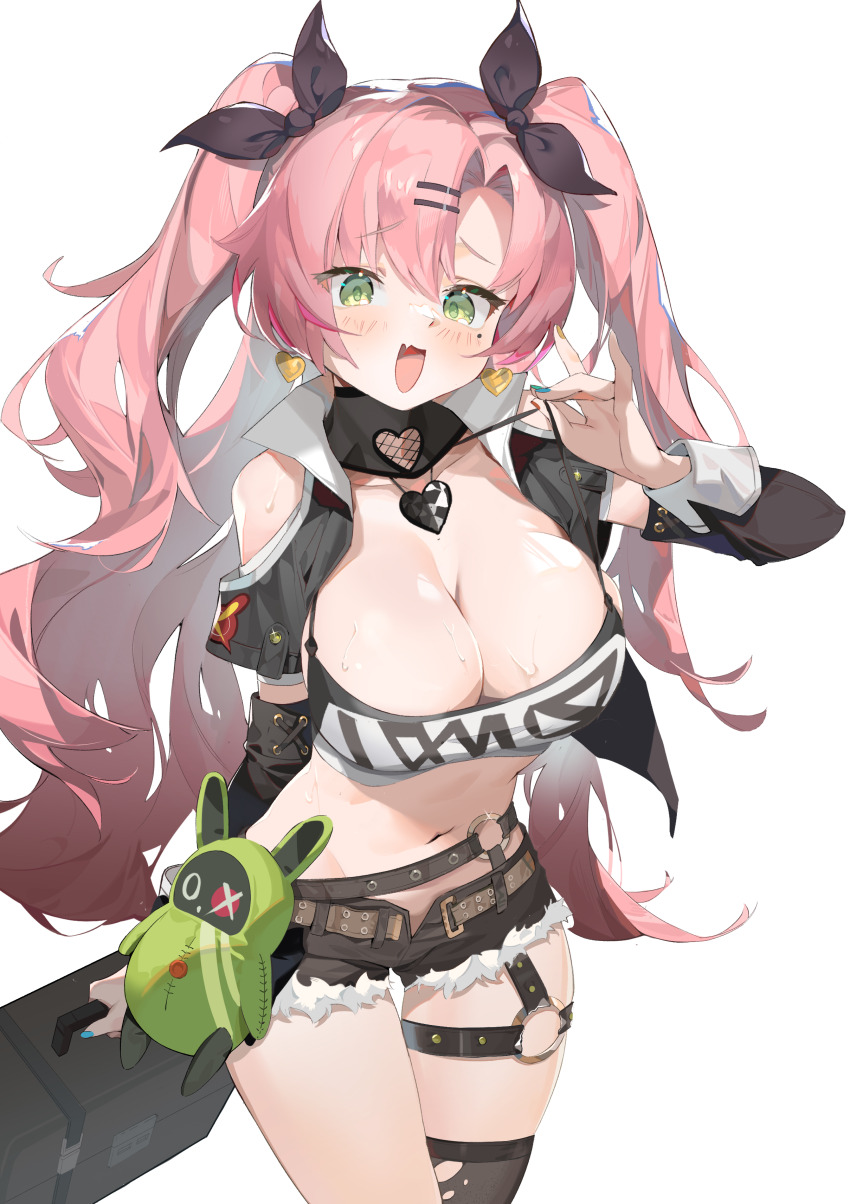 1girl absurdres amillion_(zenless_zone_zero) b_zhan_cm_yang bangboo_(zenless_zone_zero) bare_shoulders belt black_collar black_ribbon black_sleeves black_thighhighs blue_nails breasts brown_pants cleavage clothing_cutout collar collarbone cutoffs detached_collar detached_sleeves earrings fang fingernails green_eyes hair_ornament hair_ribbon hairclip heart heart_cutout heart_earrings heart_necklace highres holding holding_suitcase jewelry large_breasts long_hair long_sleeves looking_at_viewer midriff mole mole_under_eye nail_polish navel necklace nicole_demara o-ring o-ring_belt open_mouth orange_nails pants pink_hair pulling_own_clothes ribbon simple_background single_thighhigh skin_fang smile solo stomach strap_pull strapless suitcase sweat thigh_belt thigh_strap thighhighs thighs torn_clothes torn_thighhighs tube_top two_side_up white_background white_tube_top yellow_nails zenless_zone_zero