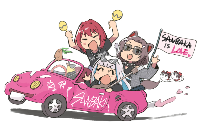 3girls :d =_= \m/ ^_^ ange_katrina animal animal_ears arms_up banken_(inui_toko) bird black_collar black_jacket black_nails black_shirt blue_hair blunt_bangs blush brown_hair car closed_eyes clothed_animal clothes_writing collar colored_inner_hair convertible creature curtained_hair deformed dog_ears dog_girl dog_tail dot_nose driving english_text exhaust eyewear_on_head fang flag graffiti grey_jacket grid_print group_name guitar hair_intakes hand_up heart heterochromia holding holding_another&#039;s_tail holding_instrument holding_maracas instrument inui_toko jacket jewelry lize_helesta long_hair long_sleeves mandragora_(ange_katrina) maracas motor_vehicle multicolored_hair multiple_girls nail_polish necklace nijisanji no_nose official_alternate_costume official_alternate_hairstyle open_mouth pink_car red_eyes red_hair sanbaka_(nijisanji) sebastian_piyodore semi-circular_eyewear shadow shirt short_hair short_sleeves simple_background smile spiked_collar spikes streaked_hair sunglasses t-shirt tail tsubobot virtual_youtuber white_background white_hair yellow_bird yellow_eyes