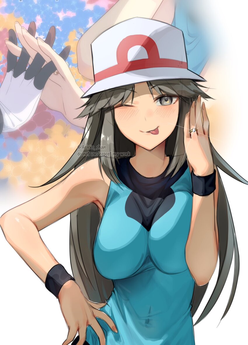 2girls ;p ariekochan black_gloves blue_shirt breasts brown_eyes brown_hair commentary covered_navel english_commentary flower gloves hand_on_own_hip hat highres interlocked_fingers jewelry large_breasts leaf_(pokemon) long_hair looking_at_viewer may_(pokemon) multiple_girls nintendo one_eye_closed pokemon pokemon_frlg pokemon_rse ring shirt sleeveless sleeveless_shirt solo_focus tongue tongue_out twitter_username two-tone_gloves upper_body white_gloves white_hat wristband yuri
