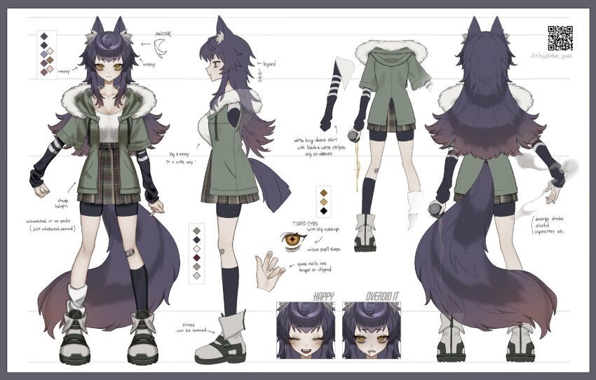 1girl artist_name asymmetrical_legwear bags_under_eyes bandaid bandaid_on_knee bandaid_on_leg bike_shorts_under_skirt black_shirt black_socks can cigarette color_guide commentary commission drawstring drink_can energy_drink english_commentary english_text from_side full_body fur-trimmed_jacket fur_trim gike green_jacket green_skirt highres holding holding_cigarette hood hood_down hooded_jacket jacket long_sleeves mismatched_legwear multiple_views okai_yuda original plaid_clothes plaid_skirt pleated_skirt profile purple_hair qr_code reference_sheet shirt shoes sidelocks skirt smoke socks soda_can standing tail vgen_commission white_shoes white_socks wolf_girl wolf_tail yellow_eyes
