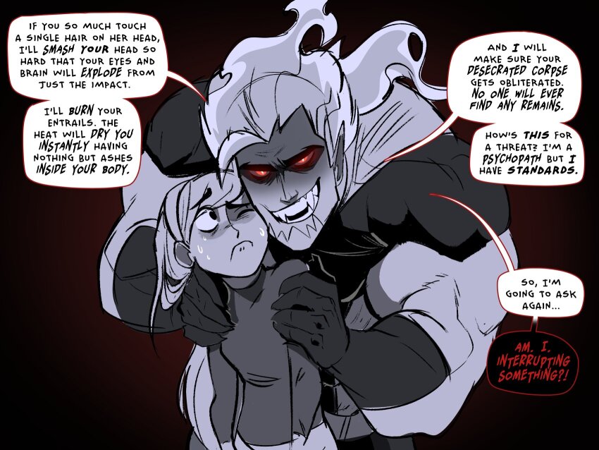 1boy 1girl abs biceps bodysuit commentary danny_phantom dark_danny english_commentary english_text evil_eyes evil_smile facial_hair fangs fire_hair flame_hair flaming_hair gloves goatee greyscale hands_on_another&#039;s_shoulders highres jasmine_fenton krossan long_hair long_sleeves looking_at_another manly mature_male monochrome multicolored_bodysuit muscular muscular_arms muscular_male nervous nervous_sweating one_eye_closed pants pointy_ears ponytail red_eyes scared shirt smile smug smug standing sweat talking teeth threat threatening tight_clothes