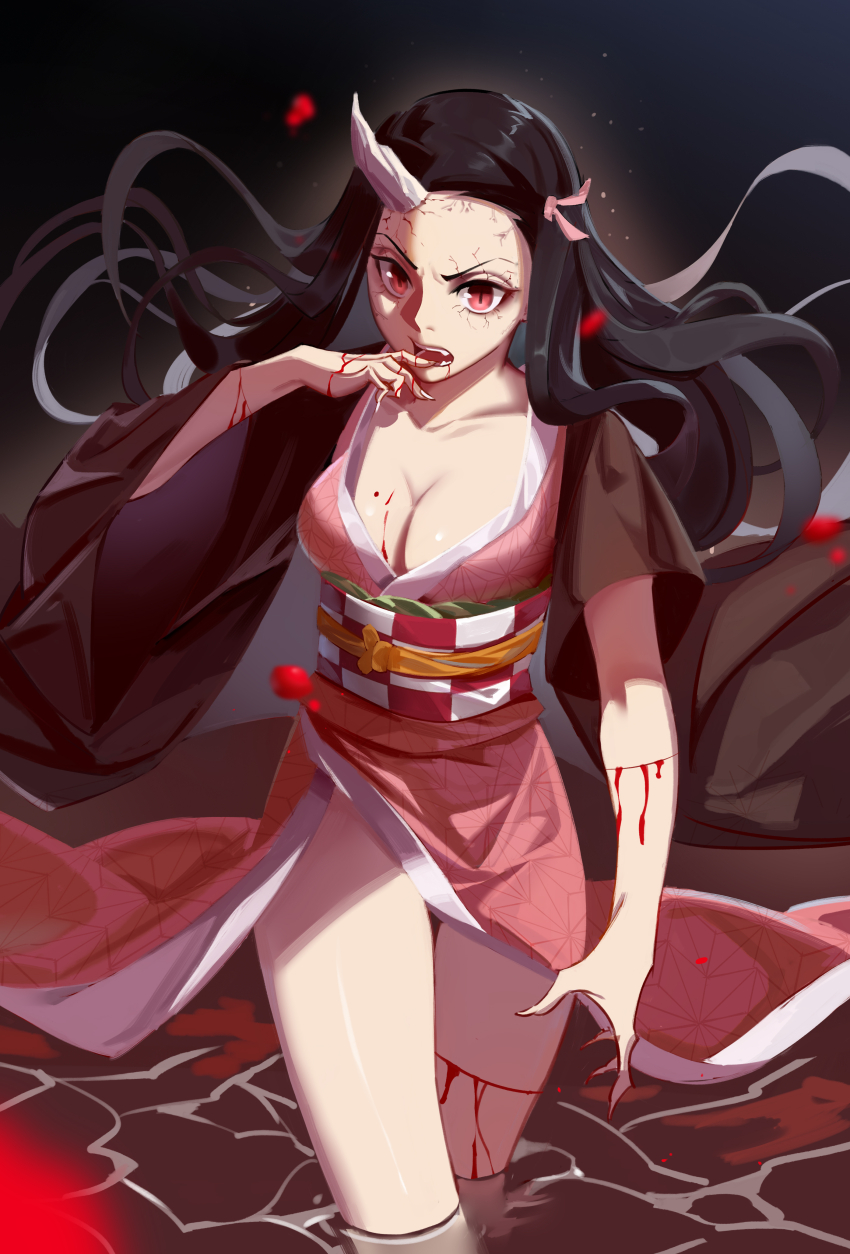 1girl absurdres black_cloak black_hair bleeding blood blood_on_hands breasts checkered_haori checkered_sash cleavage cloak collarbone cracked_skin cuts demon_girl demon_horns fangs fingernails forehead hair_ribbon haori highres horns injury japanese_clothes kamado_nezuko kimetsu_no_yaiba kimono large_breasts long_hair looking_at_viewer oni open_cloak open_clothes open_mouth pink_kimono pink_ribbon qsihsin red_eyes ribbon sharp_fingernails single_horn solo