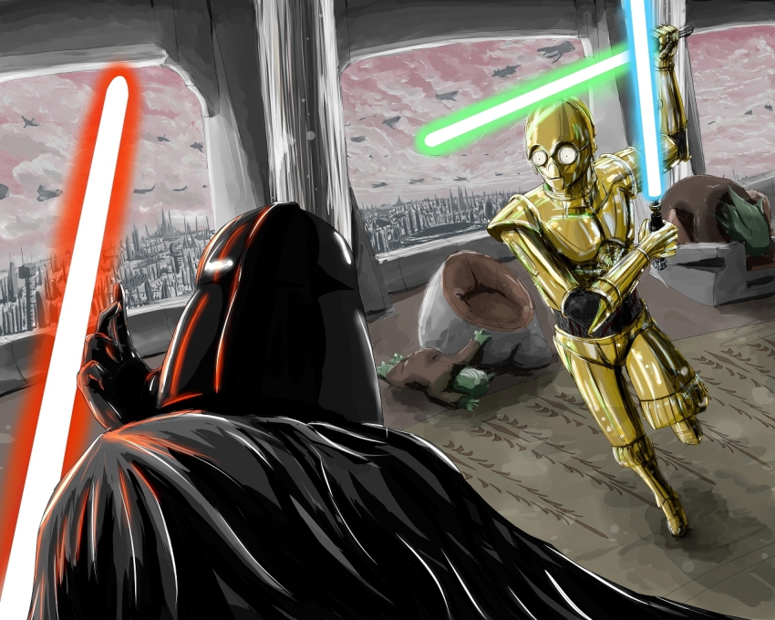 1boy battle c-3po cape corpse cyborg darth_vader death dual_wielding energy_sword epic fighting helmet holding jedi lightsaber pastaz robot science_fiction star_wars sword time_paradox weapon yoda