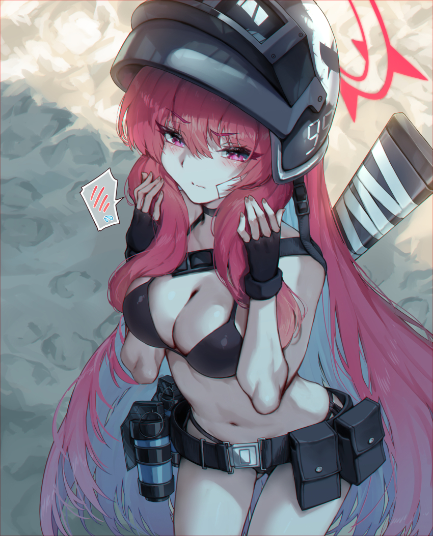 1girl absurdres ammunition_pouch bare_arms bikini black_bikini black_gloves blue_archive blush breasts cleavage closed_mouth combat_helmet explosive fingerless_gloves flashbang gloves grenade gun hair_between_eyes helmet highres holding holding_gun holding_own_hair holding_weapon large_breasts long_hair navel official_alternate_costume pouch purple_eyes rabu_(blue_archive) rabu_(swimsuit)_(blue_archive) red_hair rifle sidelocks solo stomach sunnysideup swimsuit weapon