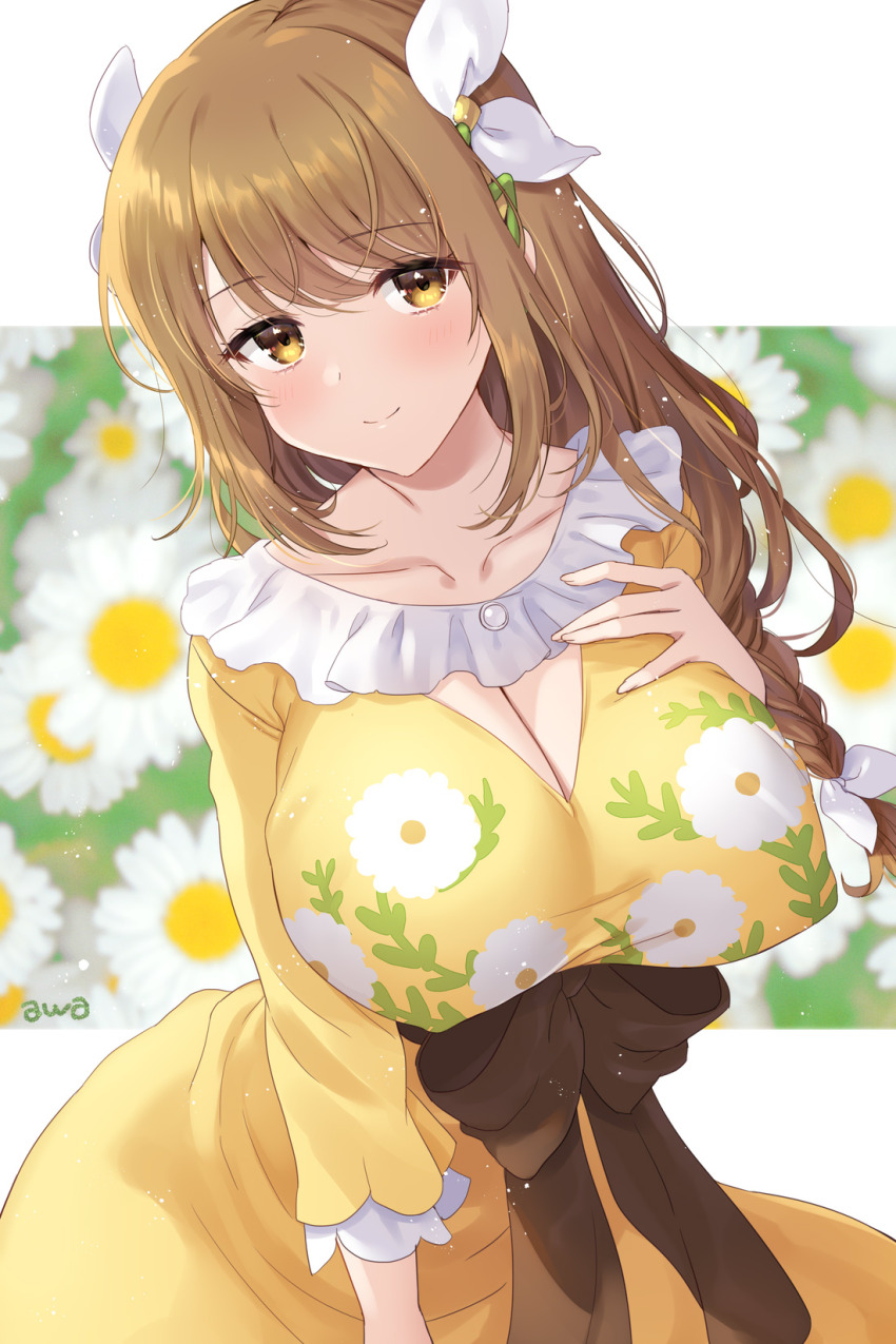 1girl awayuki_ramika blush braid breasts brown_hair cleavage cleavage_cutout closed_mouth clothing_cutout collarbone commentary_request commission dress fire_emblem fire_emblem_engage floral_print goldmary_(fire_emblem) hair_ribbon hand_on_own_chest highres large_breasts long_hair long_sleeves looking_at_viewer nintendo ribbon skeb_commission smile solo white_ribbon yellow_dress yellow_eyes