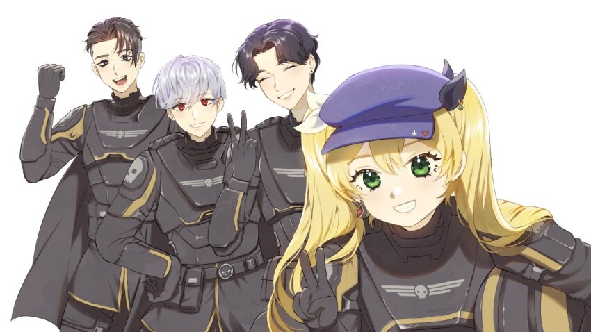1girl 3boys armor black_cape black_eyes black_gloves black_hair blonde_hair blue_headwear cape character_request closed_eyes cosplay darkgreyclouds dokibird_(vtuber) dokibird_(vtuber)_(retro_doki) earrings gloves green_eyes han_byeol hat helldiver_(helldivers) helldiver_(helldivers)_(cosplay) helldivers_(series) indie_virtual_youtuber jewelry looking_at_viewer multiple_boys red_eyes rpr simple_background single_earring smile twintails upper_body v virtual_youtuber white_background white_hair