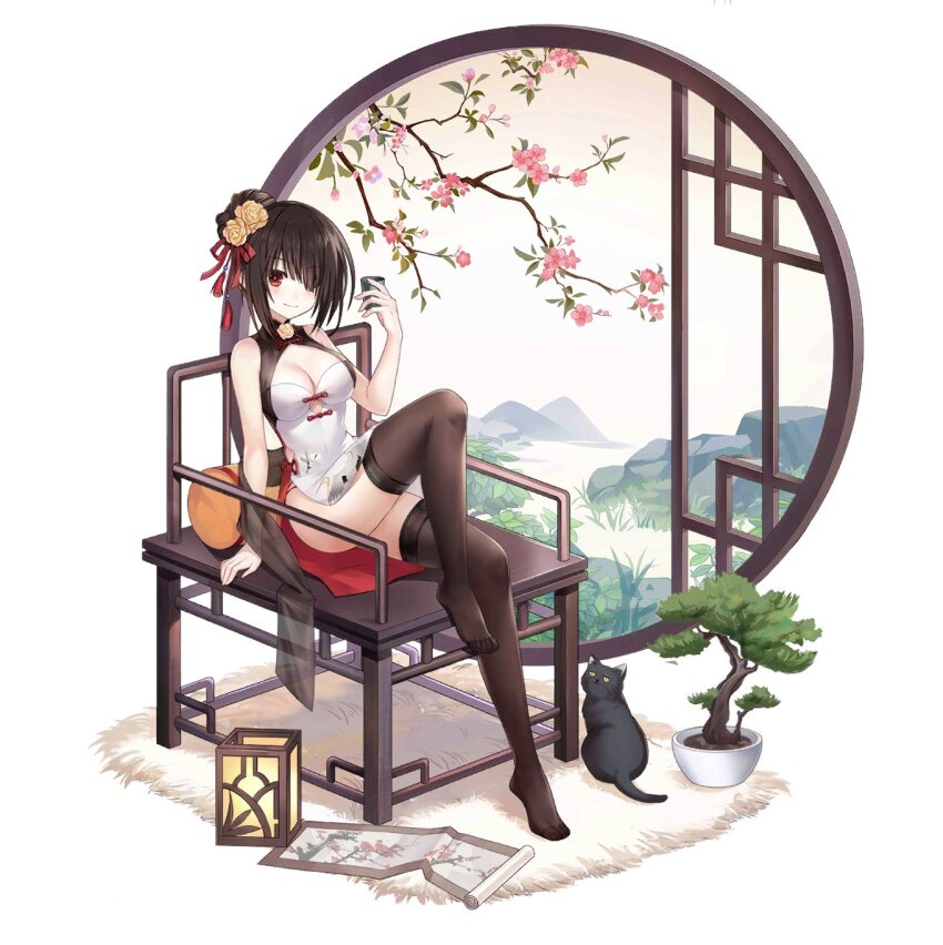 1girl black_hair black_thighhighs bonsai breasts cat chair date_a_live date_a_live:_spirit_pledge flower hair_between_eyes hair_flower hair_ornament hair_ribbon highres looking_at_viewer medium_breasts moon_gate mountain official_alternate_costume official_art plant potted_plant red_ribbon ribbon scroll sitting smile solo thighhighs third-party_source tokisaki_kurumi