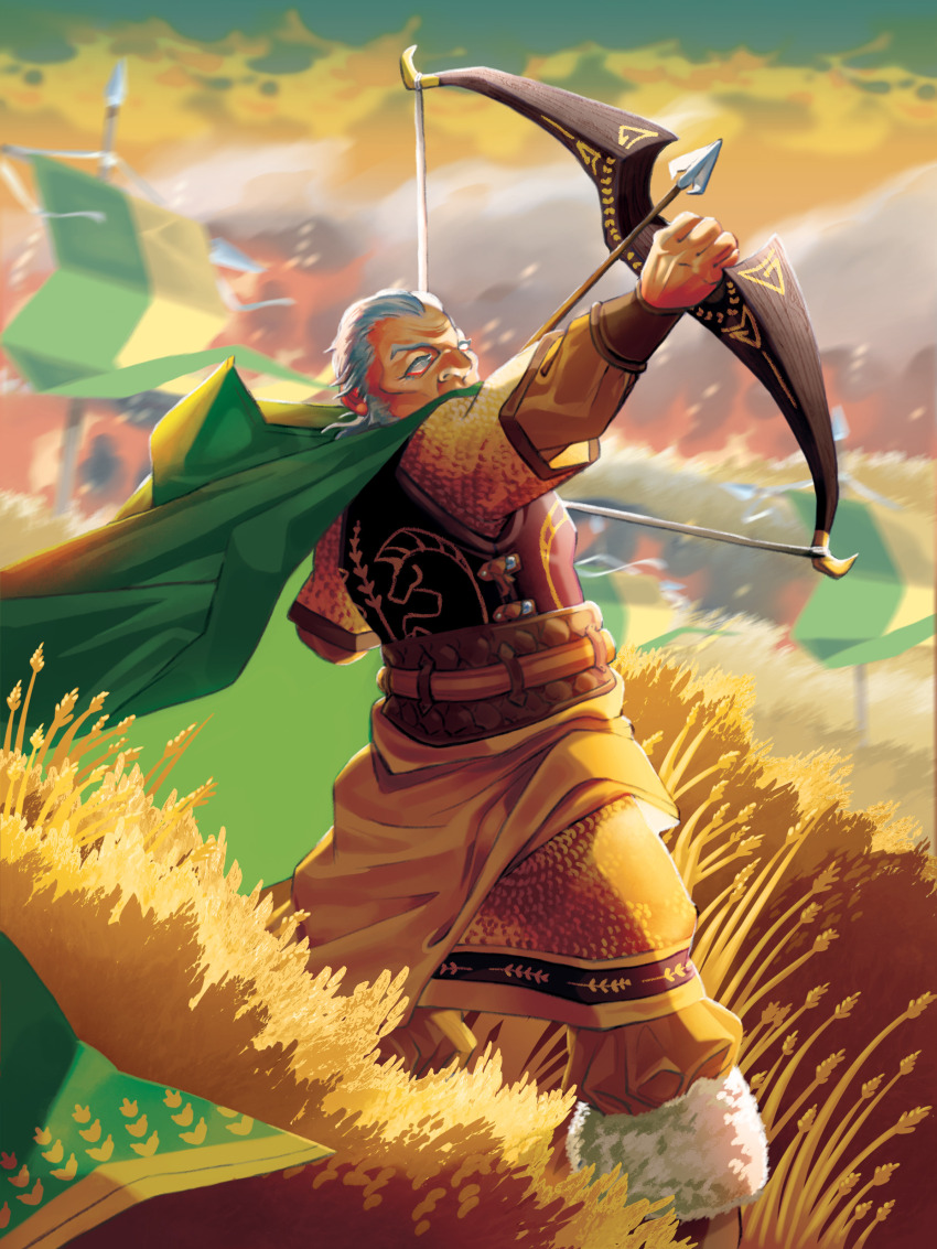 1boy absurdres blurry blurry_background bow_(weapon) bracer cape commentary english_commentary green_cape grey_eyes grey_hair highres holding holding_weapon landroi_falkes male_focus old old_man outdoors roaldseth solo triangle_strategy weapon
