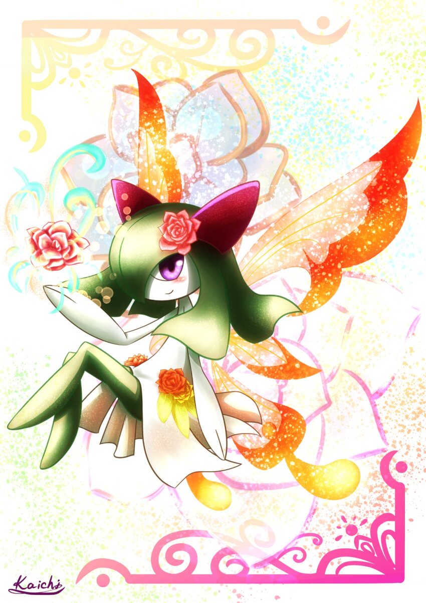 artist_name blush colored_skin fairy_wings floral_background flower from_side gen_3_pokemon green_hair green_skin hair_flower hair_ornament highres horns kaichi_(tomiyu25) kirlia multicolored_skin nintendo pink_flower pokemon pokemon_(creature) purple_eyes sidelocks smile two-tone_skin white_skin wings
