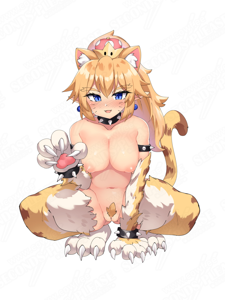 1girl absurdres animal_ears animal_hands armlet black_collar blonde_hair blonde_pubic_hair blue_eyes blush bowsette bracelet breasts cat_ears cat_girl cat_tail claws cleft_of_venus collar completely_nude cowfee crown elbow_gloves extra_ears fangs female_pubic_hair forked_eyebrows full_body fur fur_gloves gloves gluteal_fold hand_up high_ponytail highres jewelry long_hair looking_at_viewer mario_(series) medium_breasts meowser moderate_pubic_hair new_super_mario_bros._u_deluxe nintendo nipples nose_blush nude open_mouth paw_gloves pointy_ears ponytail pubic_hair pussy simple_background slit_pupils smile solo spiked_armlet spiked_bracelet spiked_collar spikes spread_legs squatting super_crown super_mario_3d_world tagme tail thighhighs uncensored watermark whiskers white_background