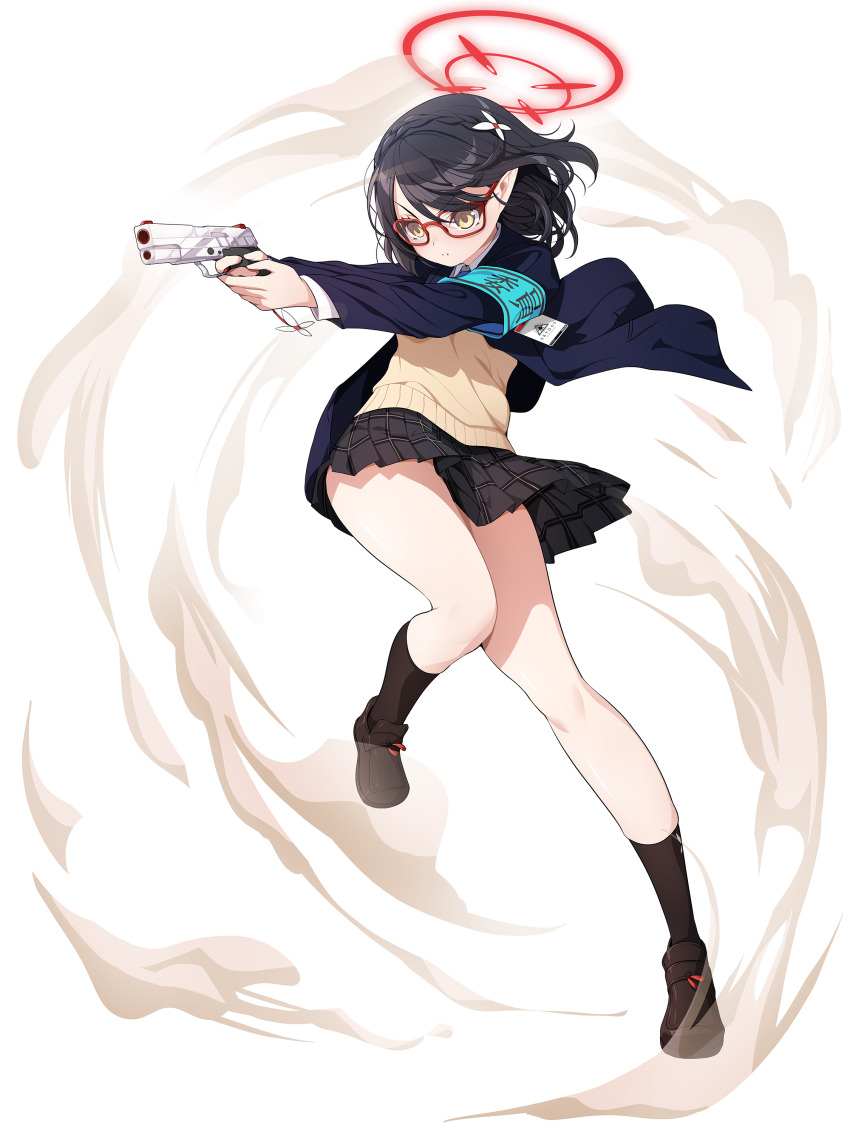 1girl absurdres aiming armband ayane_(blue_archive) black_hair blue_archive full_body glasses gun halo handgun highres holding holding_gun holding_weapon id_card koflif plaid_clothes plaid_skirt pleated_skirt pointy_ears red-framed_eyewear red_halo school_uniform sig_p220/p226 skirt solo standing standing_on_one_leg weapon