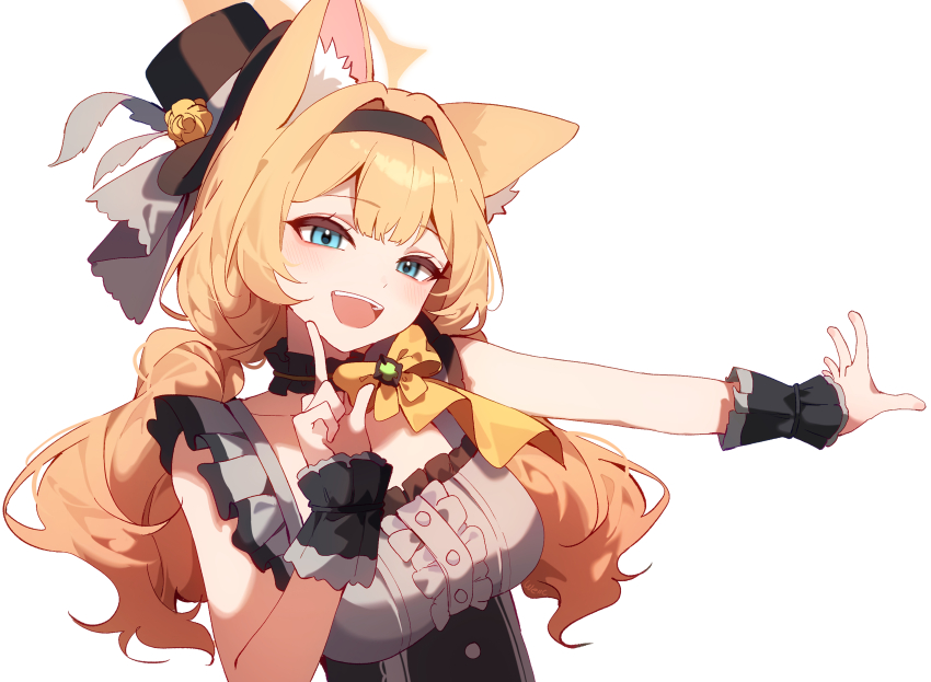absurdres black_headband blue_archive flower flower_hat fluffy_hair grey_feathers halo hat hat_flower headband highres hoshino_ruby_dance idol idol_clothes index_finger_raised looking_at_viewer low_twintails mari_(blue_archive) mari_(idol)_(blue_archive) meme mini_hat mini_top_hat official_alternate_costume orange_hair oshi_no_ko outstretched_arm rose smile teeth top_hat twintails upper_body upper_teeth_only weiic white_background wrist_wrap yellow_flower yellow_halo yellow_rose