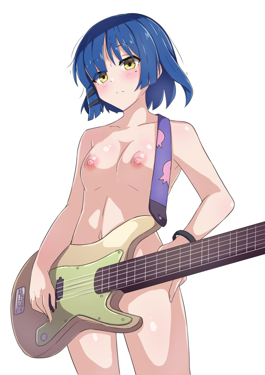 bass_guitar blue_hair blush bocchi_the_rock! breasts completely_nude convenient_censoring guitar highres instrument ka-9 nude small_breasts yamada_ryo yellow_eyes