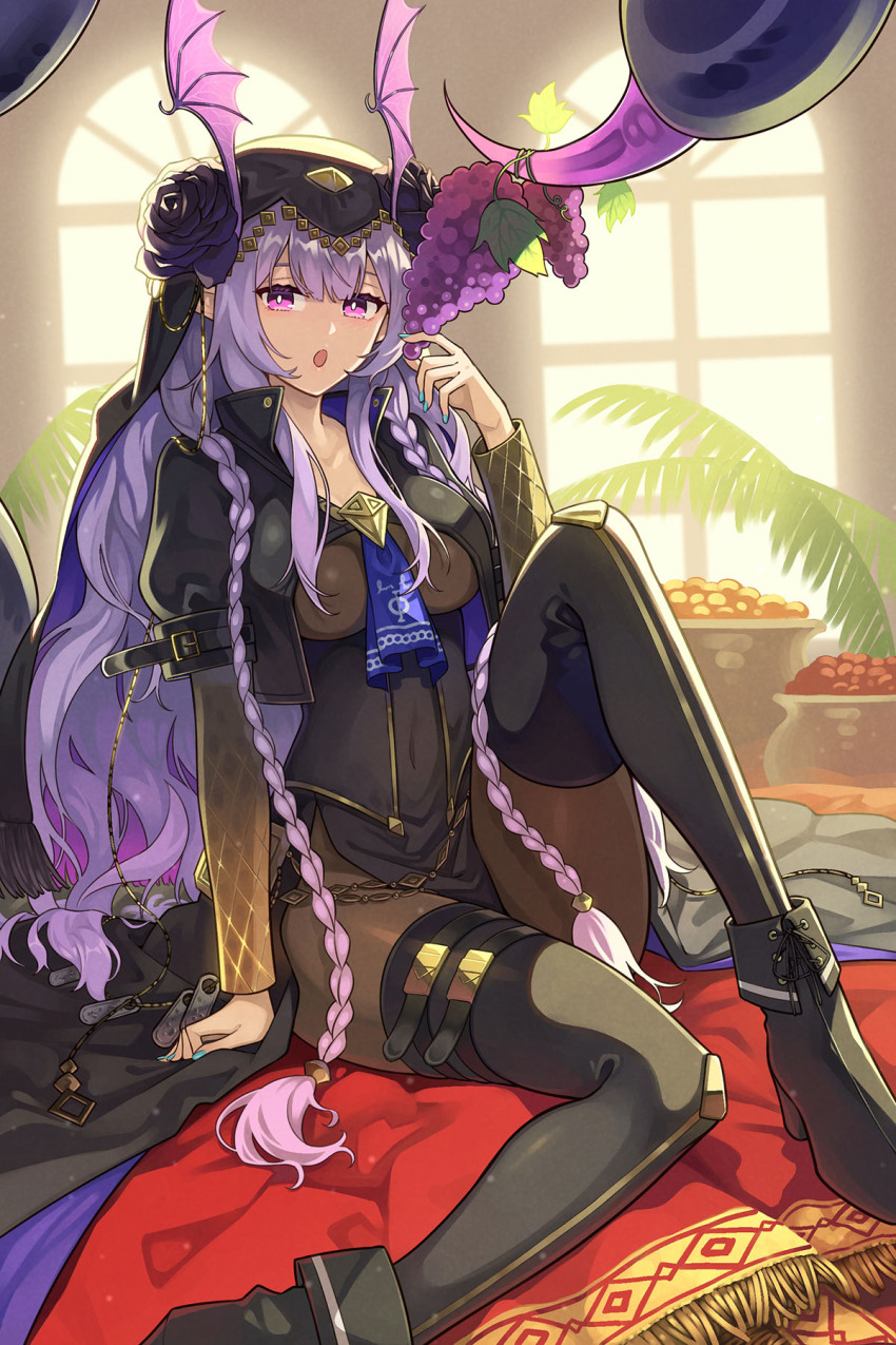 1girl :o arknights arthropod_girl black_footwear blue_nails bodystocking braid breasts bright_pupils commentary food foot_out_of_frame fruit grapes hand_up head_wings high_heels highres holding holding_with_tail long_hair long_sleeves looking_at_viewer manticore_(arknights) manticore_(under_a_veil)_(arknights) official_alternate_costume plant pointy_ears prehensile_tail purple_eyes purple_hair scorpion_girl scorpion_tail solo sora_e_no_tobira sunlight tail twin_braids veil very_long_hair white_pupils wings