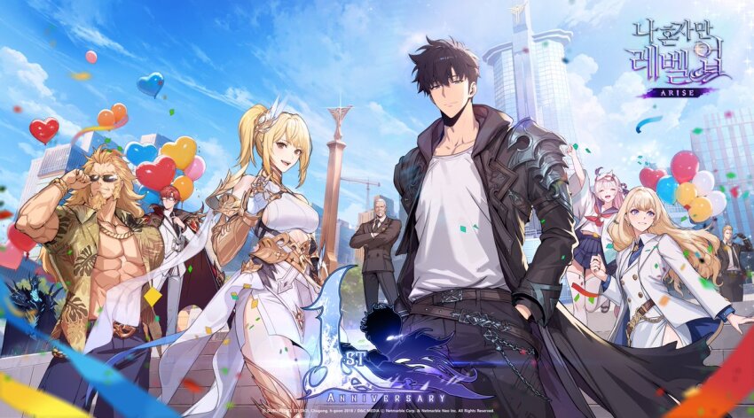 3girls 5boys alicia_blanche amamiya_mirei anniversary armor balloon black_hair black_necktie blonde_hair blue_eyes blue_sky breasts brown_hair building character_request choi_jong-in closed_eyes cloud collared_shirt formal_clothes glasses hands_in_pockets happy heart_balloon igris_(solo_leveling) jacket jewelry long_sleeves looking_at_viewer medium_breasts multiple_boys multiple_girls muscular muscular_male necktie official_art open_clothes open_mouth open_shirt outdoors pants plume red_hair shirt short_hair shoulder_armor sky smile solo_leveling solo_leveling:_arise suit sung_jin-woo thomas_andre v-shaped_eyebrows white_shirt