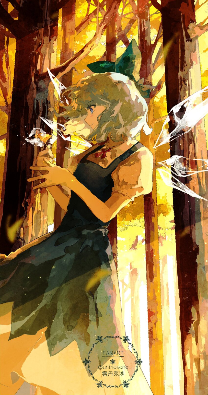 1girl absurdres blue_bow blue_dress blue_eyes blue_hair bow cirno collared_shirt commentary dress forest from_side ginkgo_leaf ginkgo_tree hair_bow highres holding holding_leaf ice ice_wings leaf nature outdoors pinafore_dress profile puffy_short_sleeves puffy_sleeves red_ribbon ribbon shirt short_hair short_sleeves sleeveless sleeveless_dress solo standing touhou tree twitter_username uninosono white_shirt wind wings