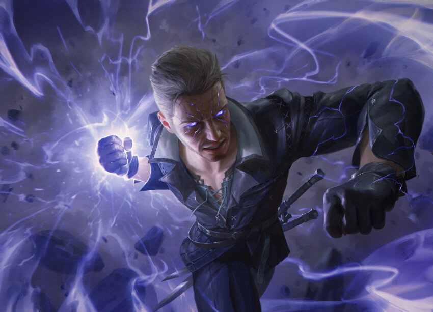 1boy billy_christian cidolfus_telamon clenched_hands debris electricity final_fantasy final_fantasy_xvi glowing glowing_eyes glowing_hand glowing_veins highres incoming_attack incoming_punch magic:_the_gathering official_art open_collar punching smile solo sword weapon