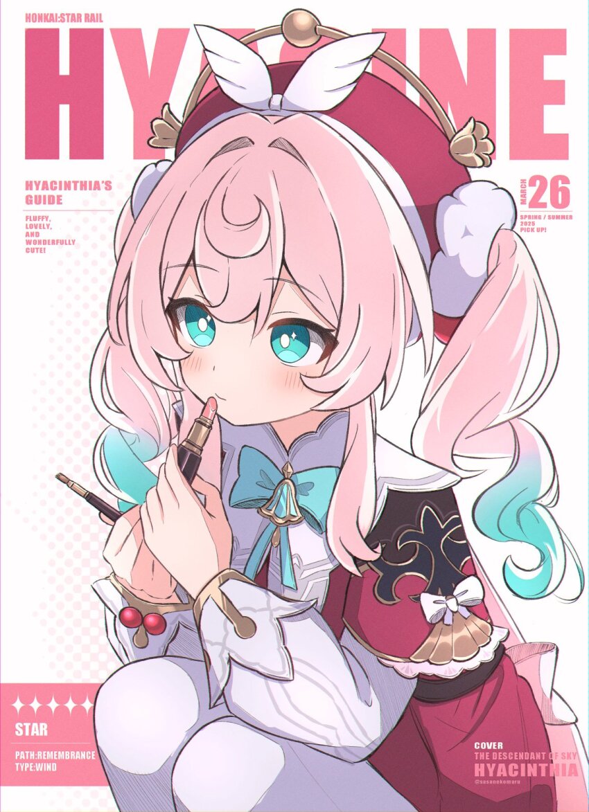 1girl applying_makeup blush bright_pupils character_name closed_mouth commentary cosmetics dress green_eyes green_hair hashtag-only_commentary hat highres holding holding_lipstick_tube honkai:_star_rail honkai_(series) hyacine_(honkai:_star_rail) layered_dress lipstick_tube long_hair long_sleeves multicolored_hair pantyhose pink_hair red_dress red_hat sasanekomaru solo twintails two-tone_hair white_background white_dress white_pantyhose white_pupils