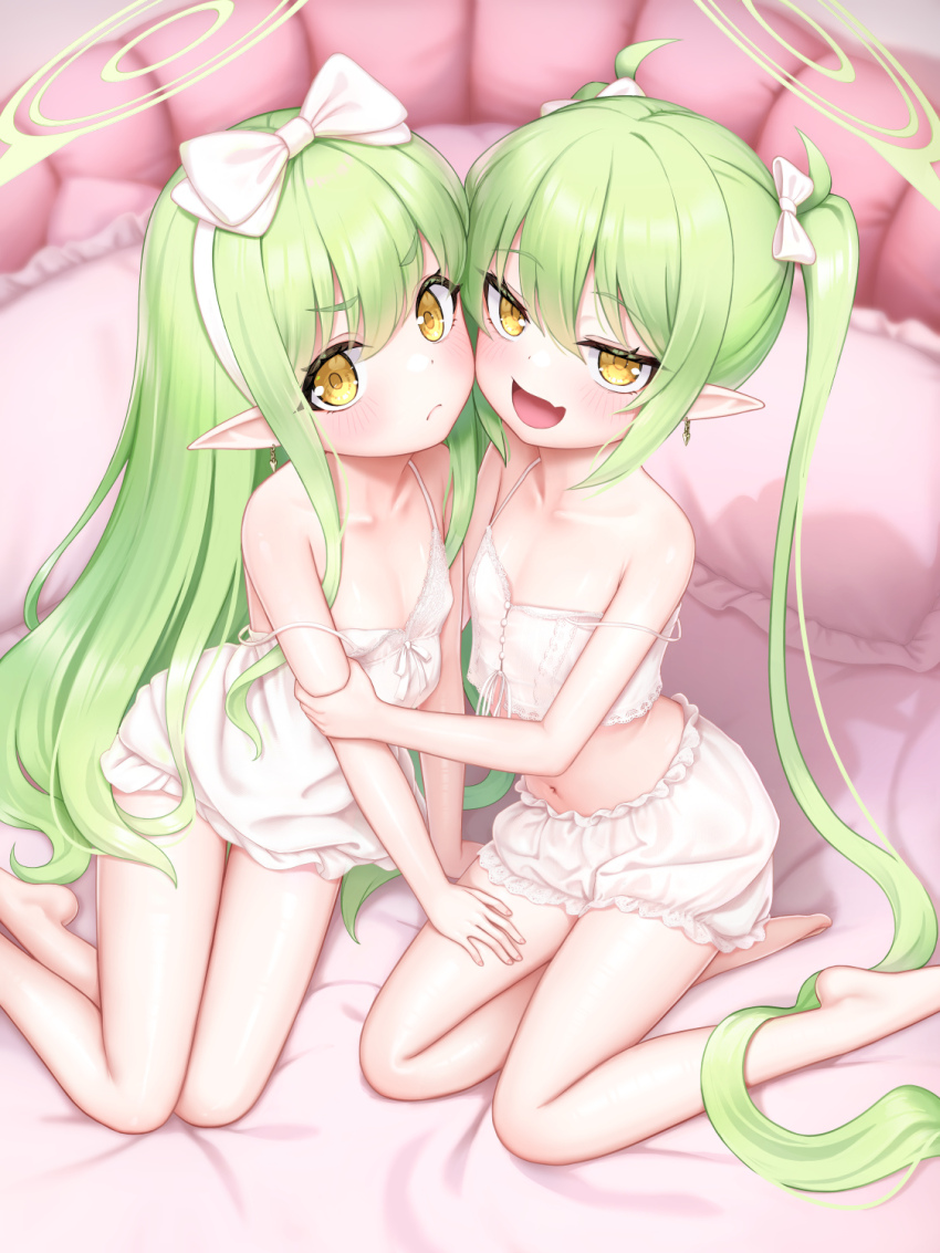 2girls :d absurdly_long_hair ahoge alternate_costume bare_legs bare_shoulders barefoot bloomers blue_archive blush bow bow_hairband breasts camisole cementite closed_mouth collarbone commentary_request dot_nose earrings fang feet fingernails flat_chest frills green_hair green_halo hair_between_eyes hair_bow hairband halo highres hikari_(blue_archive) holding_another&#039;s_arm jewelry loli long_hair looking_at_viewer multiple_girls navel nozomi_(blue_archive) on_bed open_mouth pillow pointy_ears siblings sisters sitting skin_fang small_breasts smile spaghetti_strap straight_hair strap_slip thighs toes twins twintails underwear underwear_only v-shaped_eyebrows very_long_hair white_bloomers white_bow white_camisole white_hairband yellow_eyes yokozuwari