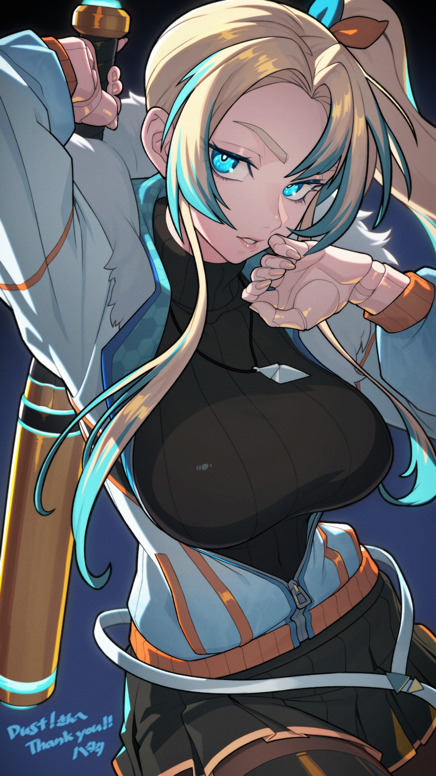 1girl absurdres arm_up baseball_bat black_background black_skirt black_sweater black_thighhighs blonde_hair blue_background blue_eyes blue_hair breasts bright_pupils commission commissioner_name cowboy_shot curtained_hair doll_joints eyelashes fur-trimmed_hood fur_trim gradient_background half-closed_eyes hand_on_own_cheek hand_on_own_face hand_up hata4564 highres holding holding_baseball_bat holding_weapon hood hood_down jacket jewelry joints large_breasts lipgloss long_hair long_sidelocks long_sleeves looking_at_viewer middle_part multicolored_hair necklace orange_trim original parted_hair parted_lips partially_unzipped pendant ponytail robot_joints second-party_source serious side_ponytail sidelighting sidelocks signature simple_background skeb_commission skirt solo streaked_hair sweater thank_you thighhighs turtleneck turtleneck_sweater weapon white_jacket white_pupils wiping_face zipper zipper_pull_tab