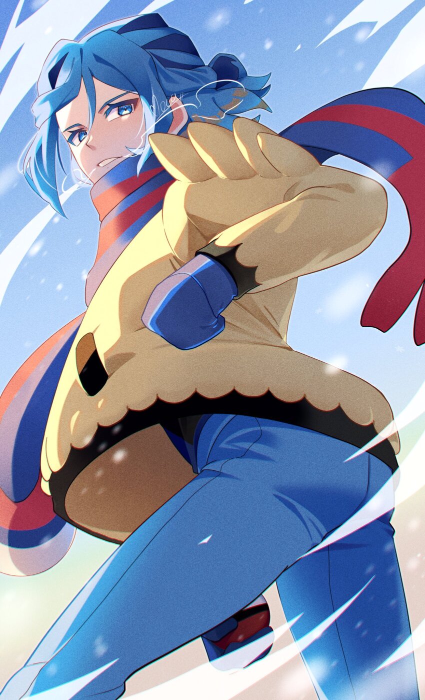 1boy blue_eyes blue_hair blue_mittens blue_pants blue_scarf blue_shirt clenched_teeth commentary_request eyelashes floating_scarf grusha_(pokemon) highres holding holding_poke_ball jacket long_sleeves looking_down male_focus mittens mocacoffee_1001 nintendo pants poke_ball poke_ball_(basic) pokemon pokemon_sv scarf shirt solo striped_clothes striped_scarf teeth yellow_jacket