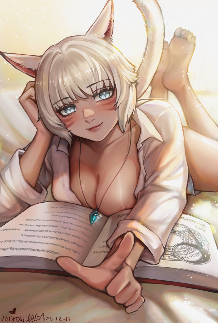 1girl animal_ears barefoot bed_sheet blue_eyes book breasts cat_ears cat_girl cat_tail cleavage collarbone commentary_request dark-skinned_female dark_skin dated eyelashes final_fantasy final_fantasy_xiv hairtail heart highres jewelry looking_at_viewer lying miqo&#039;te naked_shirt necklace nipple_slip nipples on_bed on_stomach open_book open_clothes open_shirt pendant pointing pointing_at_viewer shiny_skin shirt short_hair slit_pupils smile solo tail the_pose twitter_username white_hair white_shirt y&#039;shtola_rhul