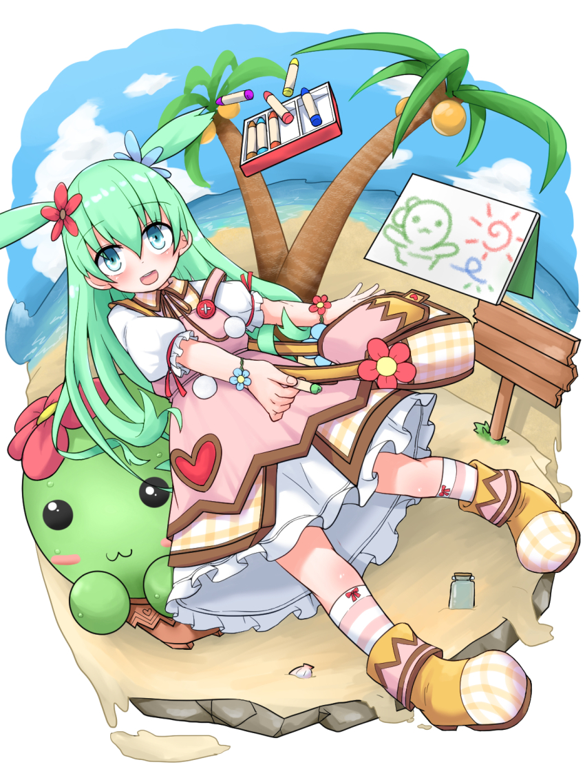 bag beach blue_eyes boots crayon dress emil_chronicle_online flower green_hair hair_flower hair_ornament highres long_hair looking_at_viewer ocean open_mouth palm_tree pet pink_dress senkyoku_niban shabotan_alma socks striped_clothes striped_socks tree two_side_up yellow_boots