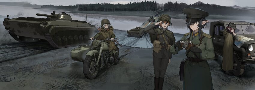 4girls absurdres akm assault_rifle black_boots black_gloves bmp-1 boots brown_hair camera chinese_commentary closed_mouth coat combat_helmet commentary_request elf eyepatch gloves gun hat helmet highres holding holding_camera kalashnikov_rifle long_hair looking_at_another map military military_coat military_vehicle motor_vehicle motorcycle multiple_girls on_motorcycle open_mouth original peaked_cap pointy_ears ponytail raincoat rifle road salute short_hair soviet tuziki_sang uaz-469 weapon white_hair