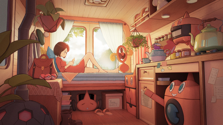 1girl backpack bag barefoot box brown_hair cardboard_box ceiling ceiling_fan curtains drawer dress gen_3_pokemon gen_4_pokemon gen_8_pokemon gloria_(pokemon) highres holding holding_phone indoors legs lying nintendo on_back phone pink_dress poke_ball poke_ball_(basic) pokemon pokemon_(creature) pokemon_swsh polteageist rotom rotom_(fan) rotom_(heat) rotom_(mow) rotom_(wash) rotom_phone shelf short_hair sinistea slippers teapot torkoal unworn_backpack unworn_bag unworn_slippers window yuma_(lyq_yume)