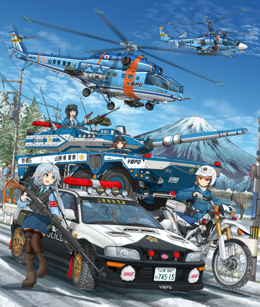 3others 4girls absurdres aircraft armband attack_helicopter black_footwear black_headwear black_legwear blue_eyes blue_hair blue_headwear blue_jacket blue_shirt blue_skirt blue_sky boots brown_eyes brown_hair browning_m2 bulletproof_vest car carrying closed_mouth cloud cloudy_sky commentary_request day dress_shirt english_text frown garter_straps gloves goggles goggles_on_headwear green_eyes green_neckwear grey_hair gun handgun hat headset heavy_machine_gun helicopter helmet highres holding holding_gun holding_weapon holster holstered huge_filesize jacket japan_national_police japanese_flag japanese_national_police_agency_(emblem) kamov_ka-52 long_sleeves low_twintails m1911 machine_gun mi-24 mikeran_(mikelan) military military_vehicle miniskirt missile_pod motion_blur motor_vehicle motorcycle motorcycle_helmet mount_fuji multiple_girls multiple_others necktie on_motorcycle open_mouth original outdoors partial_commentary peaked_cap police police_car police_helicopter police_uniform policewoman pouch power_lines railing road rocket_launcher rocket_pod scarf scope shirt short_hair skirt sky smile snow standing standing_on_one_leg subaru_(brand) subaru_impreza submachine_gun sweatdrop tank tank_helmet thigh_holster thighhighs translation_request tree trigger_discipline twintails ub-32_(rocket_pod) utility_pole vehicle_focus vehicle_request weapon weapon_request white_gloves white_headwear white_scarf wing_collar