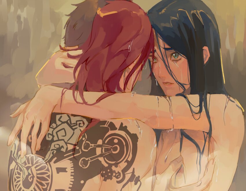 2girls arcane:_league_of_legends arcane_caitlyn arcane_vi arms_around_neck back_tattoo blue_eyes blue_hair breasts caitlyn_(league_of_legends) grabbing_another&#039;s_breast groping highres league_of_legends looking_at_another medium_breasts mmmeeaou multiple_girls nipples nude parted_lips red_hair tattoo undercut vi_(league_of_legends) wet wet_hair yuri