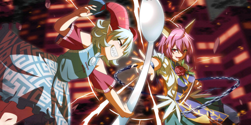 2girls blue_dress blue_tabard breasts chain commentary cuffs dress english_commentary fang fighting fingernails game_cg grin highres holding holding_spork horn_ornament horn_ribbon horns ibaraki_douji&#039;s_arm jeno long_fingernails meandros medium_hair multiple_girls official_art oni open_mouth oversized_object patterned_clothing pink_hair pointy_ears red_eyes red_horns red_sleeves ribbon shackles sharp_teeth sheep_horns shirt short_sleeves smile spork tabard teeth third-party_source touhou touhou_lostword toutetsu_yuuma white_shirt