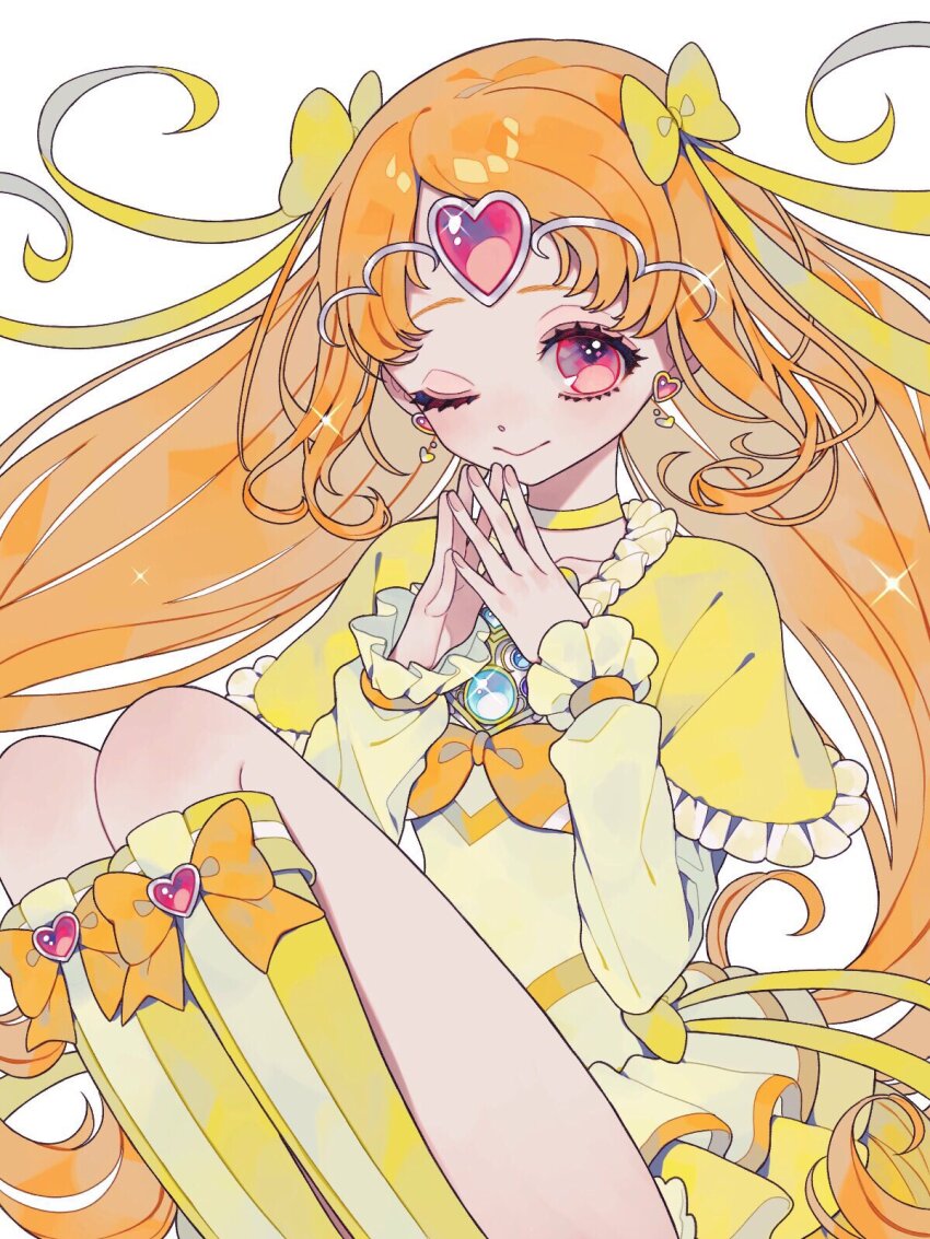 1girl ao_(ao0_0nemu) bad_id bad_twitter_id boots bow brooch capelet choker circlet closed_mouth commentary_request cure_muse cure_muse_(yellow) dress earrings frilled_capelet frilled_sleeves frills hair_ribbon hands_up heart heart_earrings highres jewelry knee_boots knees_up long_hair looking_at_viewer magical_girl one_eye_closed orange_bow orange_hair own_hands_together pink_eyes precure ribbon shirabe_ako sitting skirt smile solo steepled_fingers suite_precure very_long_hair white_background yellow_boots yellow_bow yellow_capelet yellow_choker yellow_dress yellow_skirt