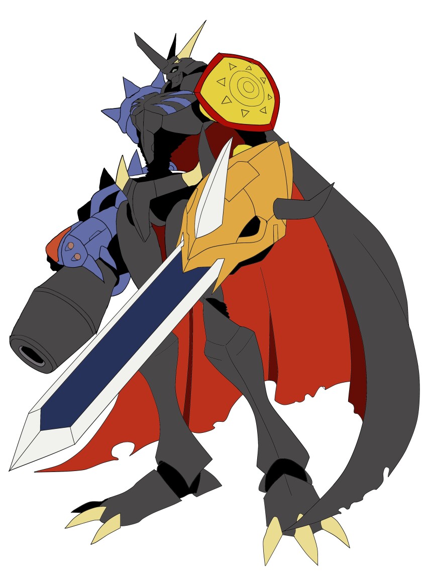 absurdres beta_digimon cannon claws digimon digimon_(creature) digimon_xros_wars highres omegamon_zwart solo sword weapon